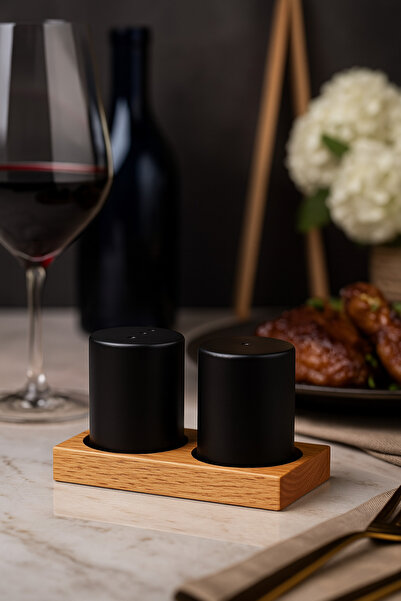 AzzaWood طقم ملح وفلفل سيراميك مكون من قطعتين من Keramika - أسود مطفي مع حامل...