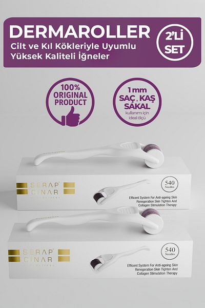 Serap Çınar Cosmetics Professional 2-Piece White Dermaroller Set - Suitable for Hair, Eyebrow and Beard Serum