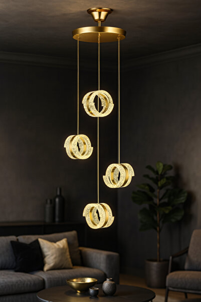 Avizemoda Savona 4 lü Sarkıt Dimmer Kumandalı 3 Renk Ledli (Sarı-Beyaz-Gün Işığı) Modern Akrilik Avize -Gold