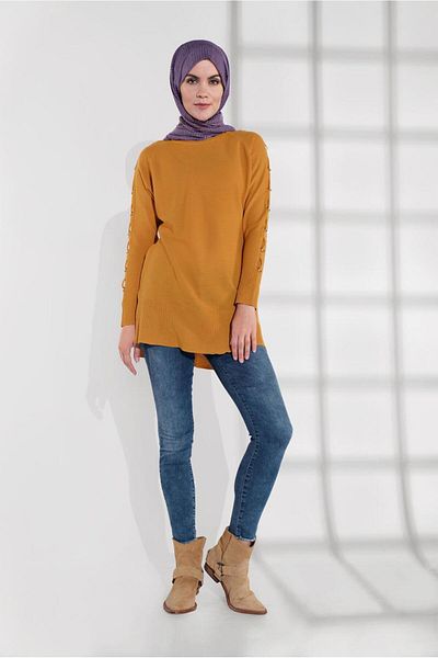TRENDTESETTÜR Women's Orange (Mustard) Knitwear Tunic with Ring Detail on Sleeves 3001