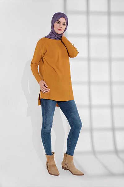 TRENDTESETTÜR Women's Orange (Mustard) Knitwear Tunic with Ring Detail on Sleeves 3001
