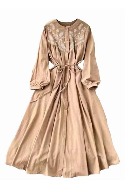 SOLOBUY Cotton Dress With Contrast Embroidery, Buttons, Belt And Pockets