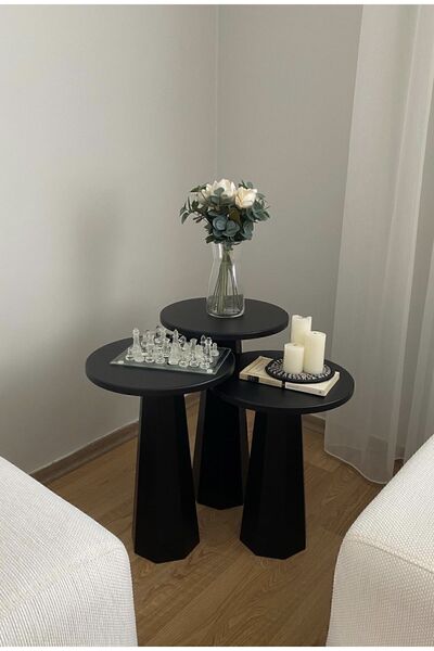 kuppdesign Lilyum Mantar Sehpa Siyah Üçlü Set (47-52-57 CM)