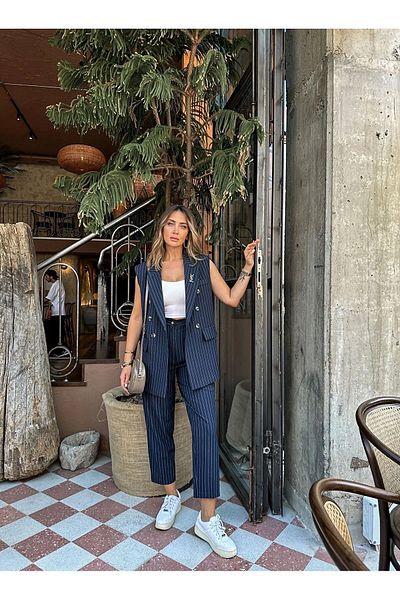 GAMZE ALPTEKİN Striped Fabric Set Vest Pants Set