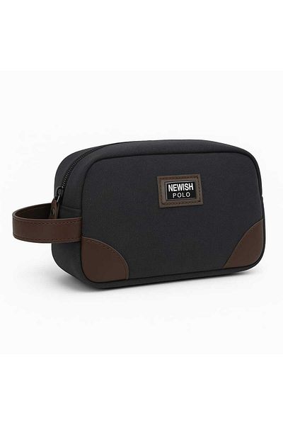 Newish Men's Black Canvas Fabric Single Compartment Leather Detailed Zippered Portfolio Handbag