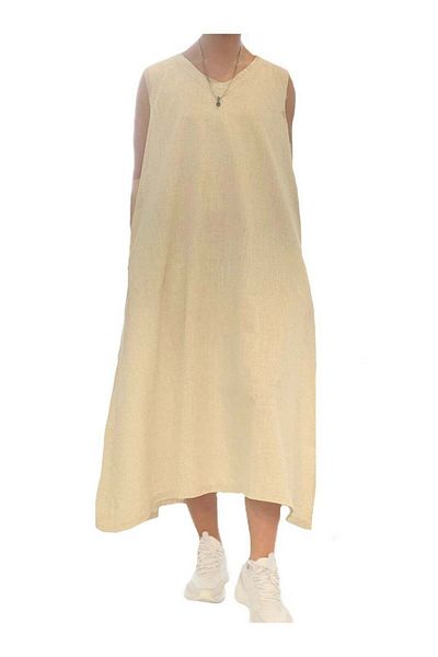 SOLOBUY Linen Dress, Sleeveless, With Pockets, V-neck, Midi Length