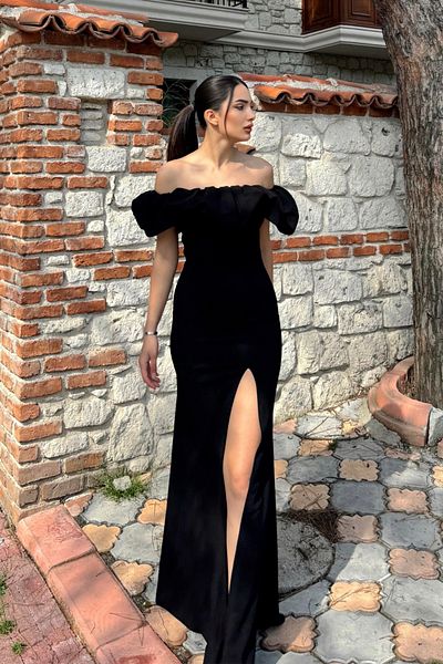 Mekafashion Katre Collar Frilly Slit Evening Dress 582834