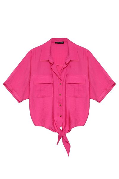Quzu Double Pocket Shirt with Front Tie Detail Candy Pink