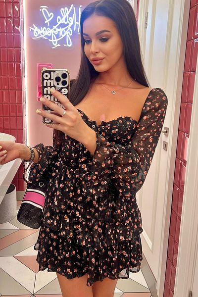 FASHION COCKTAIL Κορσέ στήθους Ελαστική πλάτη Floral μακρυμάνικο φόρεμα σιφόν με στήθος