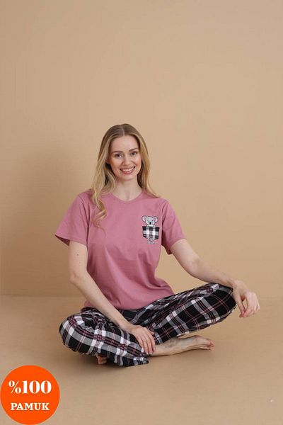 shopshop Women's Koala Printed Plaid 100% Cotton Short Sleeve Pocket Summer Pajama Set