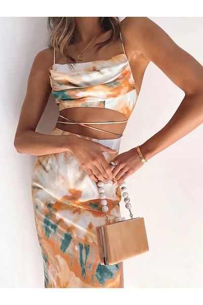 FASHION COCKTAIL Rochie maxi lungă de plajă cu imprimeu - cu corset abdominal, bretele decoltate și fante
