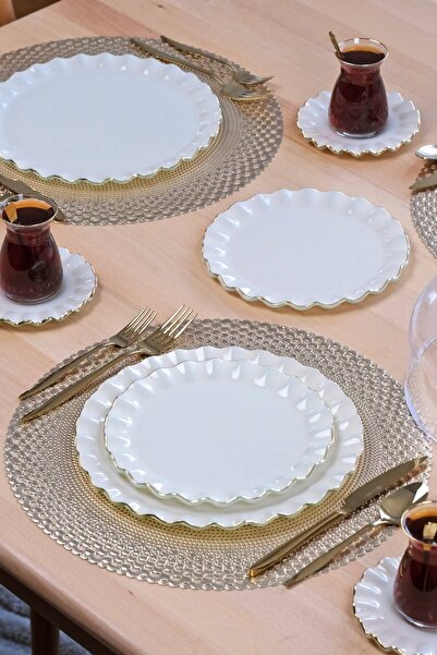 Glore Solid Cream Wavy Gold Gilded Glass Cake Plate Set for 6 People