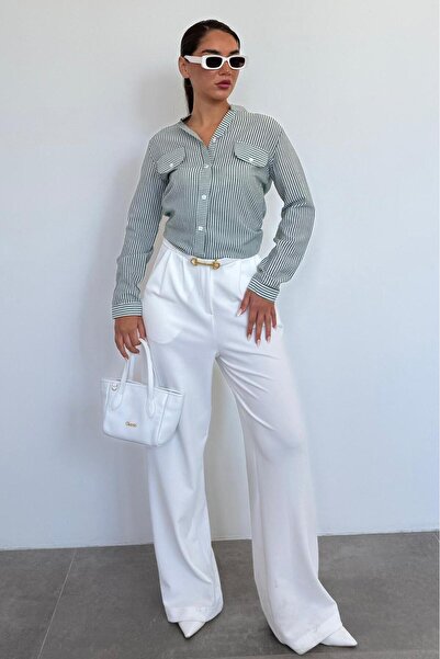 Madmext Yeşil Çizgili Gofre Kumaş Kadın Oversize Gömlek MG1666