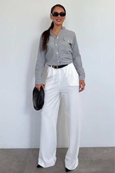 Madmext Siyah Çizgili Gofre Kumaş Kadın Oversize Gömlek MG1666