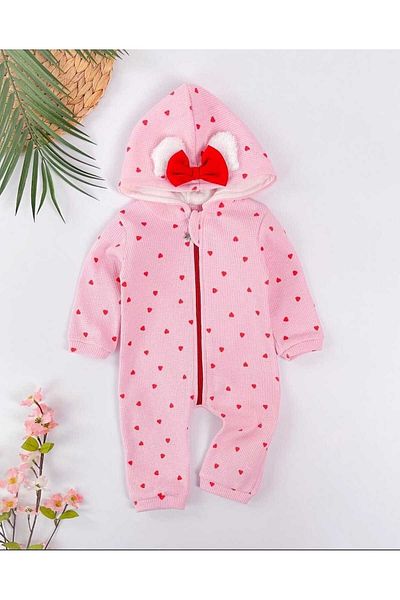 COŞAY BEBE Luvvera Baby Girl Hooded Jumpsuit - Heart Pattern & Bow Design