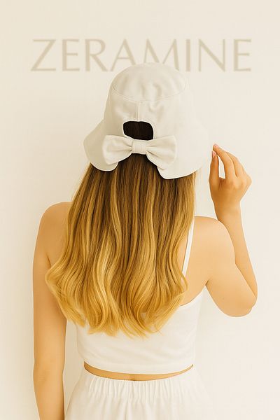 ZERAMİNE Beige Bow Bucket Hat 100% Cotton