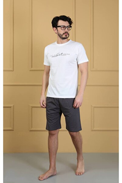 shopshop Men's White Printed 100% Cotton Short Sleeve Shorts Pocket Summer Pajama Set