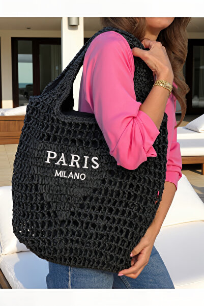 FASHION COCKTAIL Διπλό χοντρό λουράκι Paris Milano με εσωτερική τσέπη με φερμουάρ Καλοκαιρινές διακοπές στην παραλία Μεγάλη ψάθινη τσάντα