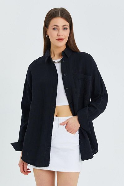 Mixray Black Muslin Oversize Shirt - 3833 Women's Pocket