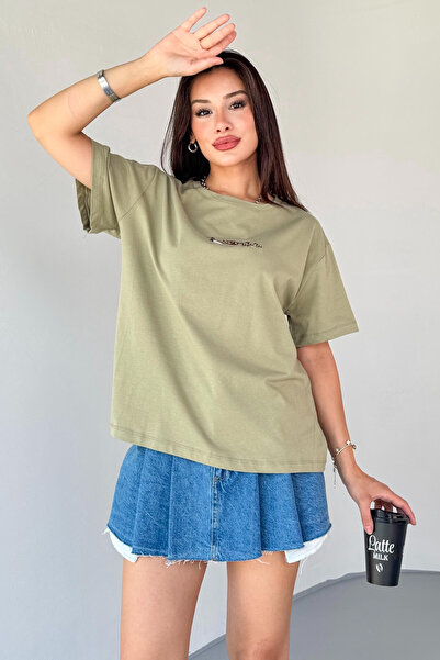 Cappmoda T-913 Khaki Duck Embroidered Short Sleeve Cotton T-Shirt