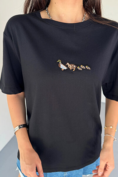 Cappmoda T-913 Black Duck Embroidered Short Sleeve Cotton T-Shirt