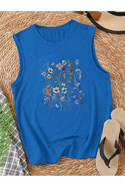 FAVORİST FLOWERS Γυναικείο βαμβακερό μπλουζάκι με μοτίβο (αμάνικο) καλοκαιριν...