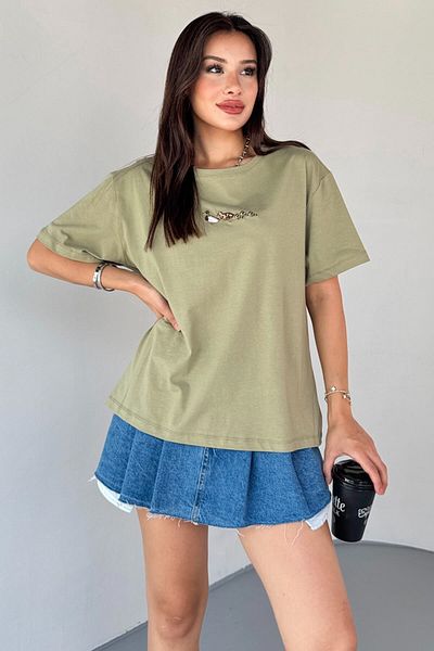 Cappmoda T-913 Βαμβακερό κοντομάνικο μπλουζάκι με κέντημα με πάπια χακί