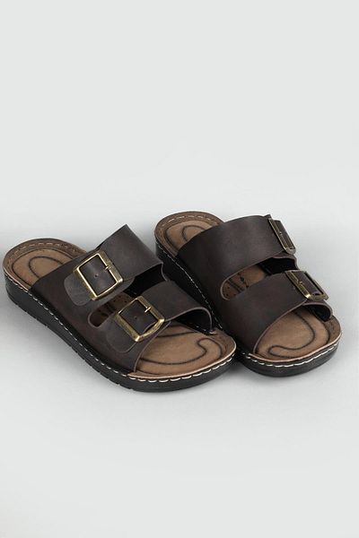 LUGMO Faux Leather Eva Slippers Stitched Metal Double Buckle Men's Comfort Lightweight Non-Slip Sole Brown