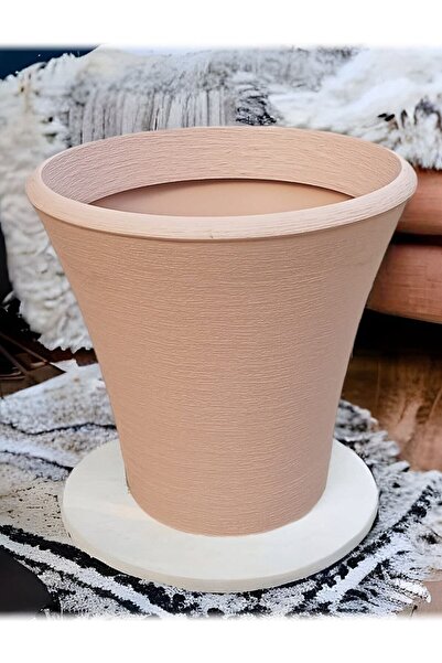 ToXA Begonvil 38 Cm Bej Yuvarlak 23 Litre Beton Görünümlü Plastik Saksı Drenaj Izgaralı Çiçek Saksısı