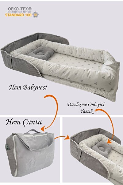 Jaju Baby Babynest Gri Waffle Micky Desenli Çantalı Babynest Bebek Çantası Ta...