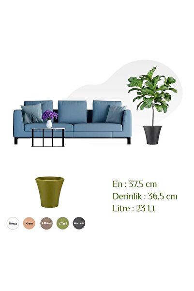 ToXA Begonvil 38 Cm Bej Yuvarlak 23 Litre Beton Görünümlü Plastik Saksı Drenaj Izgaralı Çiçek Saksısı