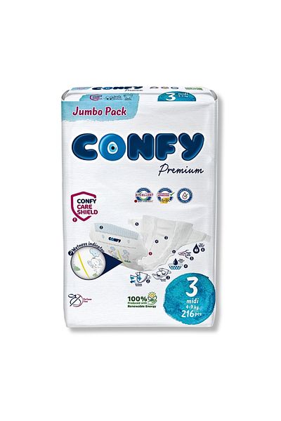 Confy حفاضات أطفال بريميوم مقاس 3 وسط 4 - 9 كجم 216 قطعة