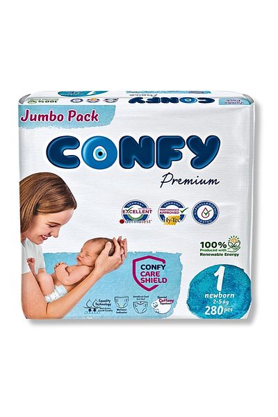 Confy بريميوم مقاس 1 حفاضات أطفال حديثي الولادة 2 - 5 كجم 280 قطعة