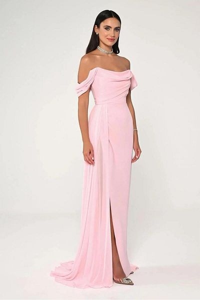 ALFABETA Long chiffon evening dress with side slit and off-the-shoulder