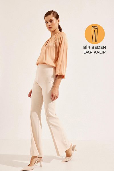 Setre Beige Slim Fit Wide Leg Trousers