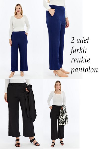 Laden Two Pieces Women's Plus Size Summer Wrinkled Wide Leg Mother's Summer Saks Blue and Black Trousers
