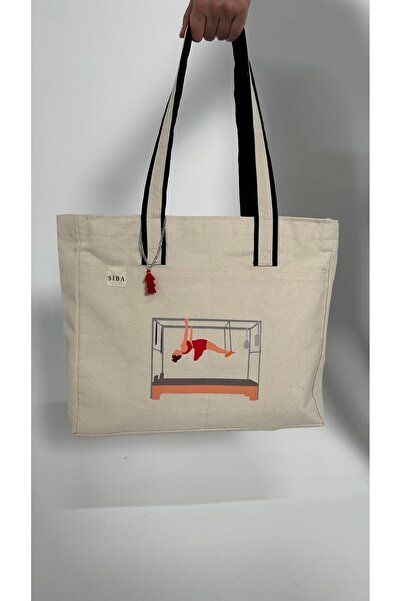 Ebruli pilates studio KOPYA - Kanvas Çanta-Fermuarlı Siyah Kulp, Ön Cepli, Ca...