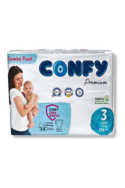 Confy حفاضات أطفال بريميوم مقاس 3 وسط 4 - 9 كجم 216 قطعة