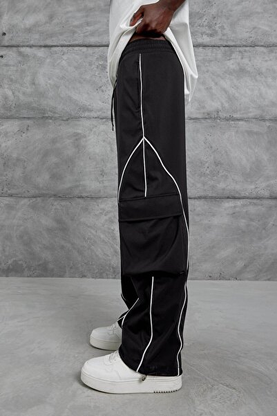 NOMARC Erkek Siyah Çizgili Kargo Cep Paraşüt Kumaş Eşofman Altı