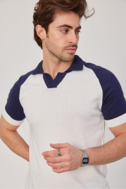 NOMARC Ανδρικό μπλουζάκι με λεπτομέρειες σε μπλε ναυτικό λευκό πλεκτό