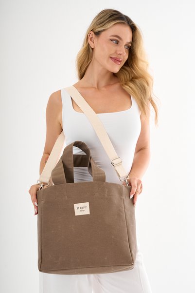 fluffy Cookie Large Size Waxed Canvas Shoulder and Hand Bag / High School and University School Bag (Width: 32 Length: 29)