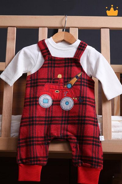 Babyhola 3-18 Months Plaid Patterned Baby Boy Snap Strap Salopet Badi 2-Piece Set 2203