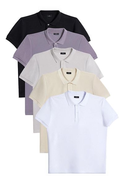 Tudors Ανδρικό μπλουζάκι με λαιμόκοψη 5 τεμαχίων Slim Fit Cotton Polo - Μαύρο-Λευκό-Εκρού-Πέτρα-Γκρι