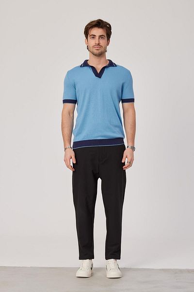 NOMARC Tricou cu dungi cu guler tricotaj albastru bleumarin