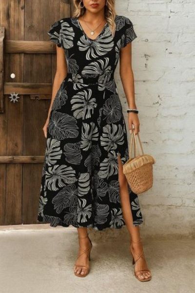 Mossta V-Neck Patterned Slit Single Jersey Dress - Leaf Pattern