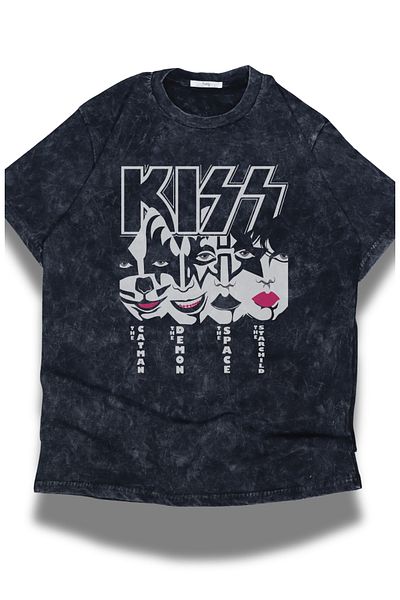Fuddy Moda Tricou unisex imprimat Kiss Rock Band - Tricou vintage Rock-Metal oversize, lavabil