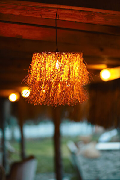 Home El Yapımı 2 Katlı Bohem Saçaklı Rafya Avize - Kafe, Balkon, Salon Hasır Rustik Avize (SİYAH DUY)