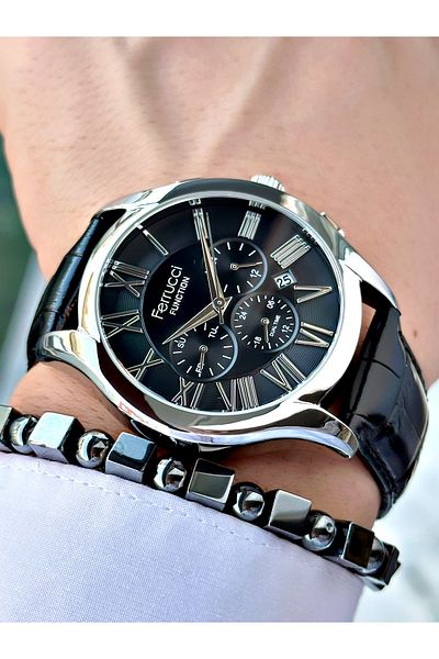Ferrucci Funciton Function Multi Function Men's Wristwatch 3 Atm Waterproof Black Leather Band