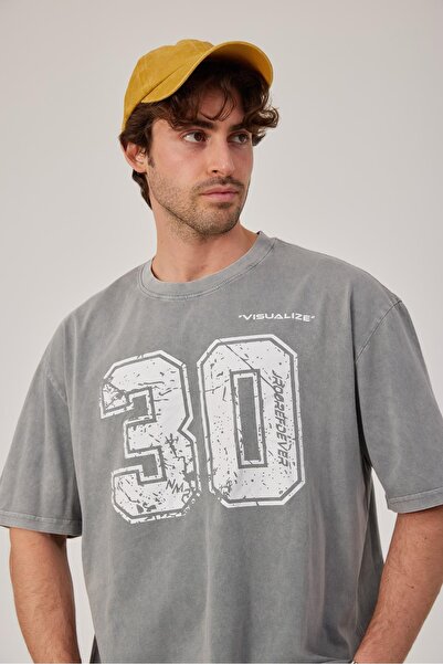 NOMARC Ανδρικό μπλουζάκι με στάμπα 30 αριθμών που πλένεται σε γκρι χρώμα