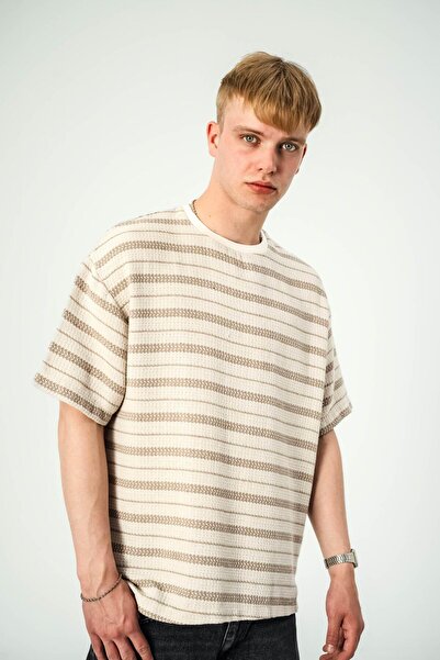 NOMARC Ανδρικό μπλουζάκι με ρίγες καφέ κρεμ πλεκτό